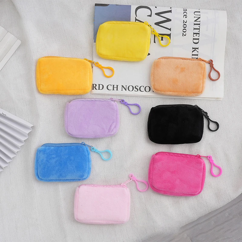 Bolsa de moedas coreana Mini Plush Square Zipper para mulheres Bolsa pequena fina, pacote de cartões, bolsa de moedas, bolsa fofa, chave, bolsa de ouvido, moda