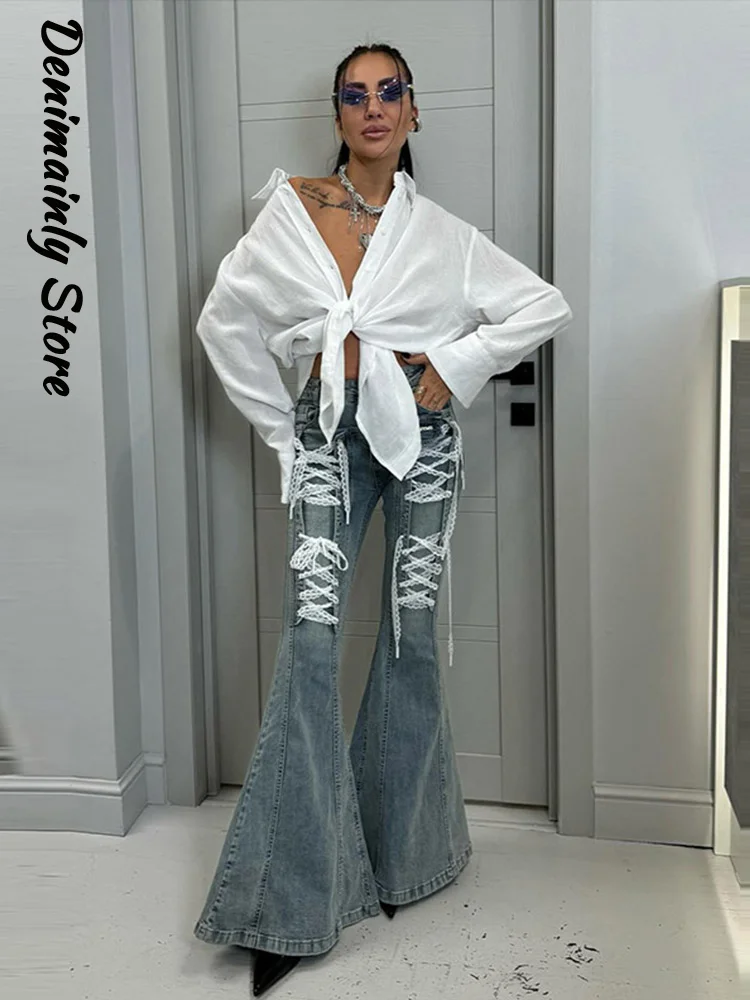 

Women Denim Lace Bandage Pants Fashion High Waist Pocket Yk2 Flare Wide Jeans Female 2025 Summer New High Street Trousers