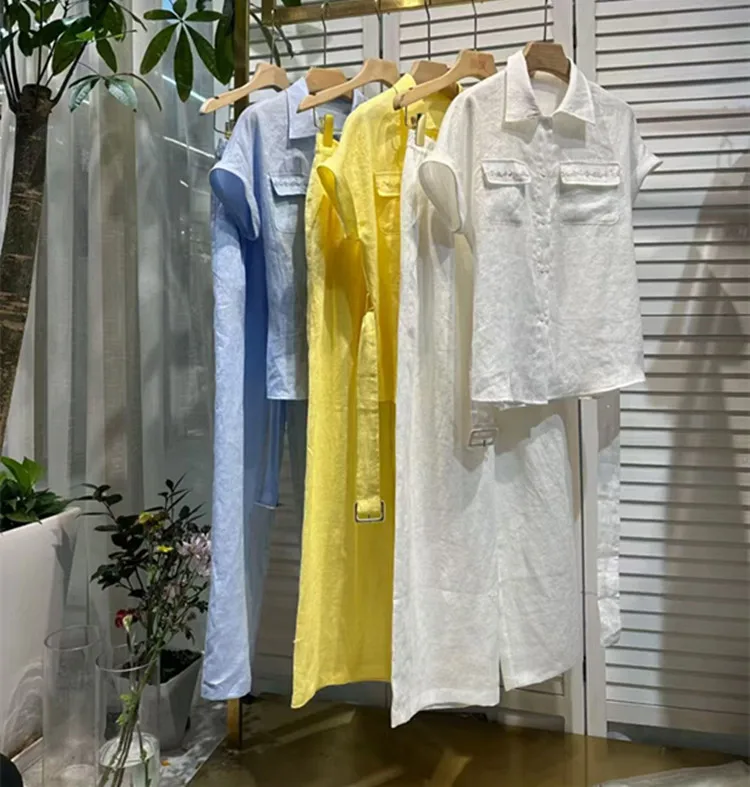 Customization European women's clothing for summer 2026 Short-sleeved button-down linen shirt Wide-leg pants set image 2