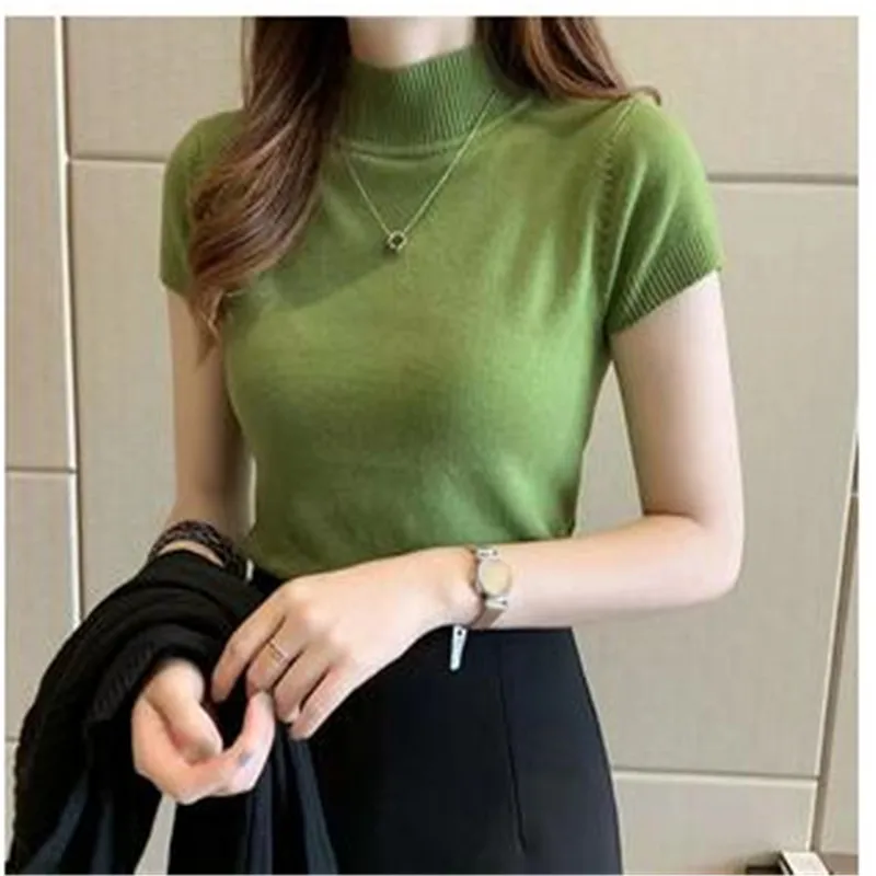 

Fashion Knitt Short-sleeved T-shirt Women 2022 New Half Turtleneck Stretch Knitted Tshirt Solid Casual Spring Summer Female Tops