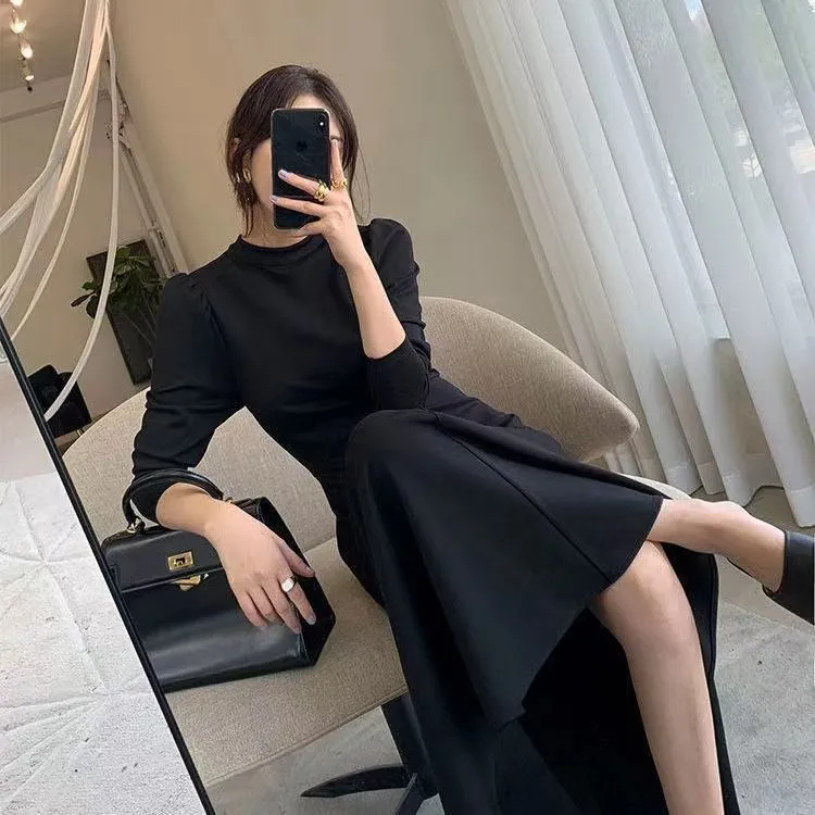 casual elegant womens clothing 2024 latest korean style fashion long sleeve dress Midi Black dress autumn dress women