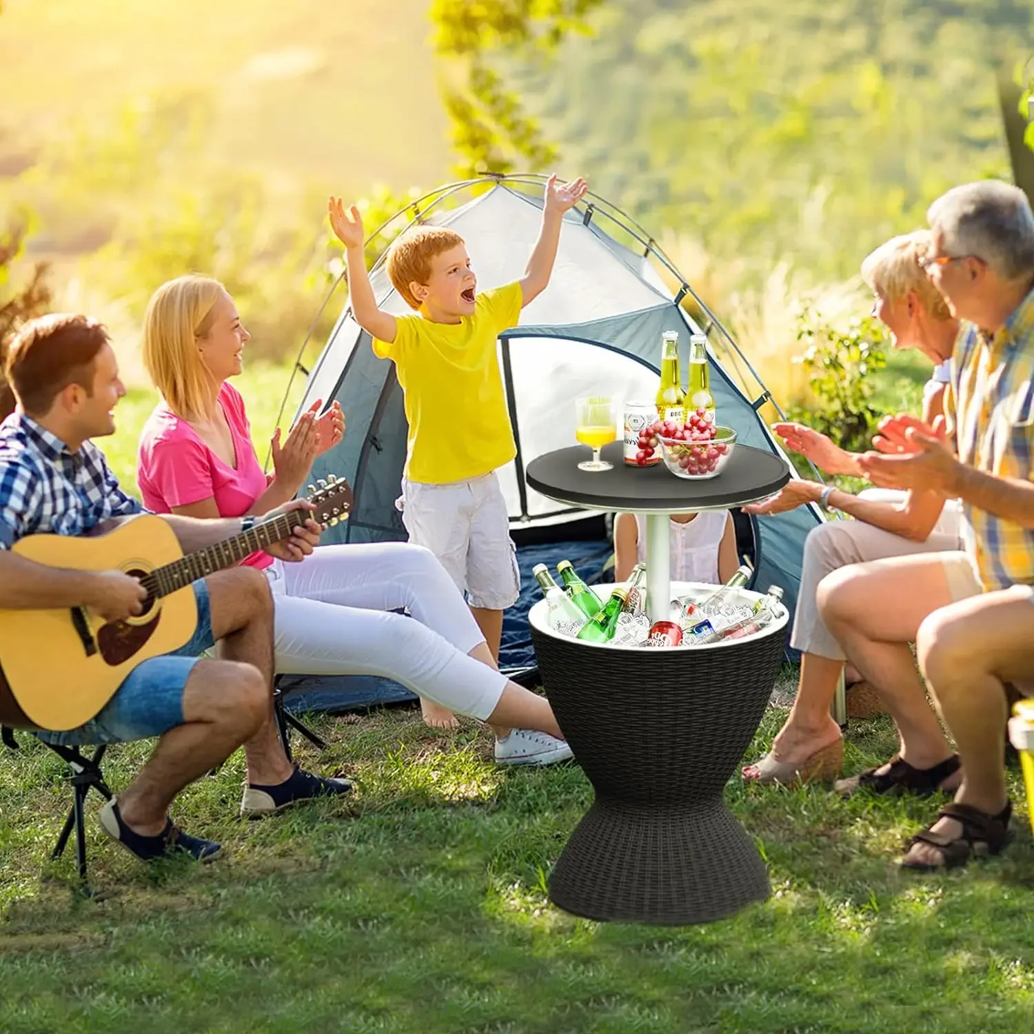 Outdoor Coole Bar Tafel, Rotan Stijl Patio 8 Gallon Bier En Wijnkoeler, All-Weather Ijsemmer Met In Hoogte Verstelbare Top