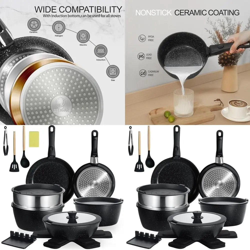 

Black Nonstick Ceramic Cookware Set: 21-Piece Stackable Pan and Pot Collection with Removable Handles