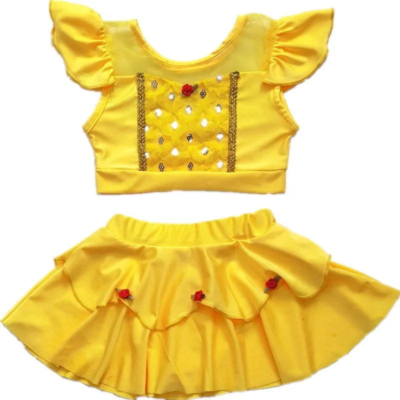 2PCS Set Swimsuit for Kids Girl Flying Sleeve Princess Anna Snow White Belle Summer Pool Bikini 2-8y Children Swimwear Dress