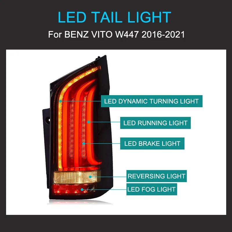 1 Pair LED Tail Light Assembly for Benz Vito W447 2016-2011 Taillight Plug and Play with LED Dynamic Turning Rear Tail lights