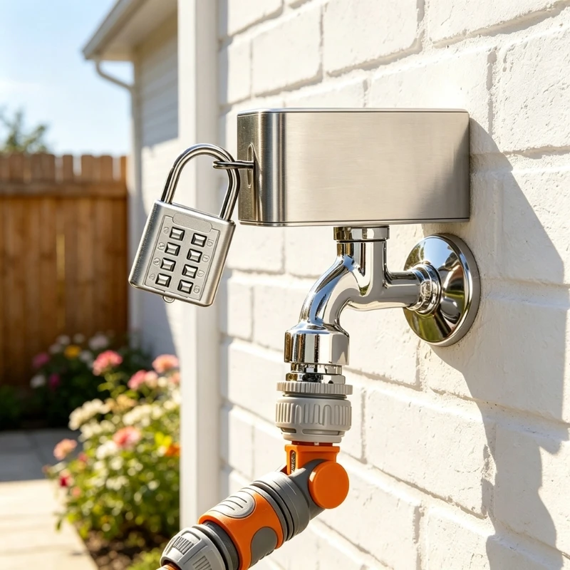 Combination Faucet Lock with Two-Part 304-Grade Steel Cover, Side Eyelet and Resettable 8-Button Lock for Restricting M4YD