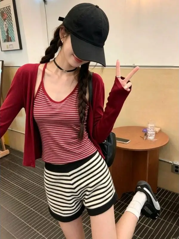 Korean Style Fashionable Striped Tube Top Vest Long Sleeve Cover up Two Piece Set Women's Early Autumn New Arrival
