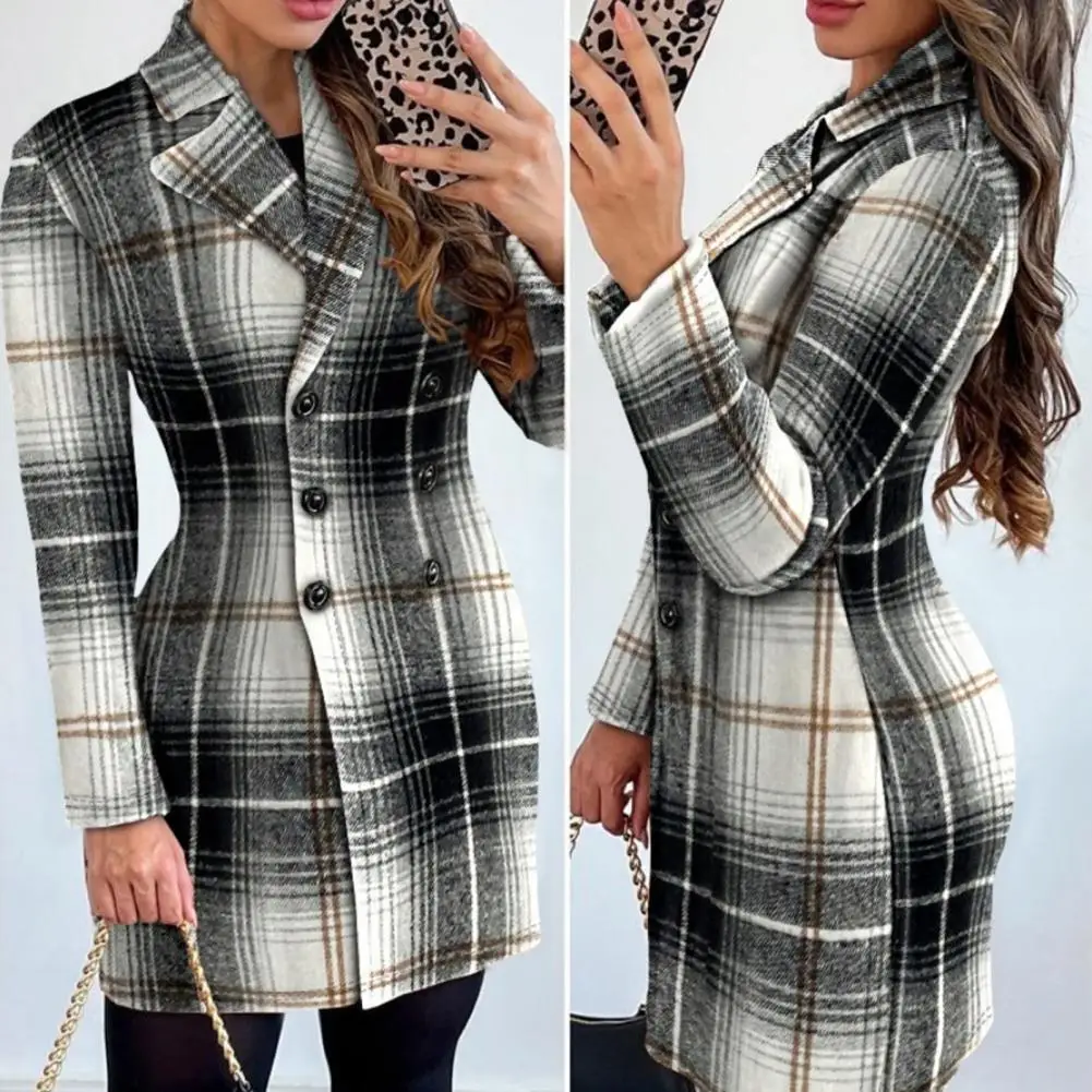 Mid Length Commute Coat Plaid Print Double-breasted Women's Suit Coat for Fall Winter Business Style Commute Jacket with Slim