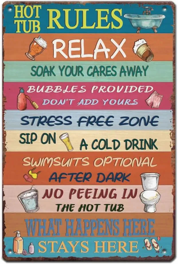 Hot Tub Rules Metal Tin Sign Relax Soak Vintage Iron Sign Funny Bathroom Tin Signs Bathtub Theme Wall Art Metal Poster Plaque f