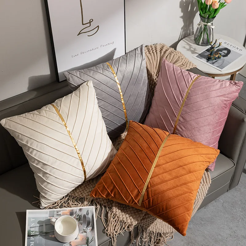 Hochwertige Samt-Kissenbezüge im nordischen Stil, 45 x 45 cm, mit goldenem Leder, dekorativer Couch-Kissenbezug, luxuriöser, moderner Kissenbezug