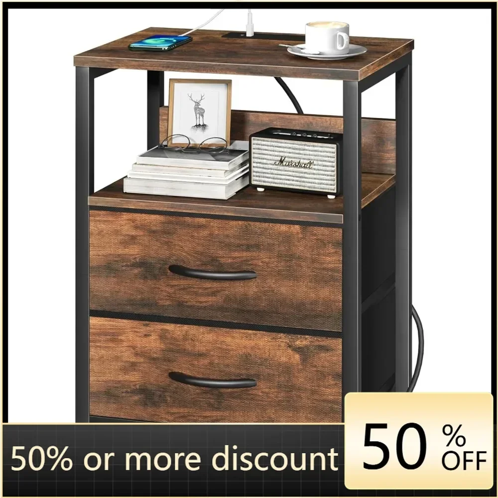 Small bedside table with charging station, fabric drawer and bedroom storage rack, bedside table with USB port and socket