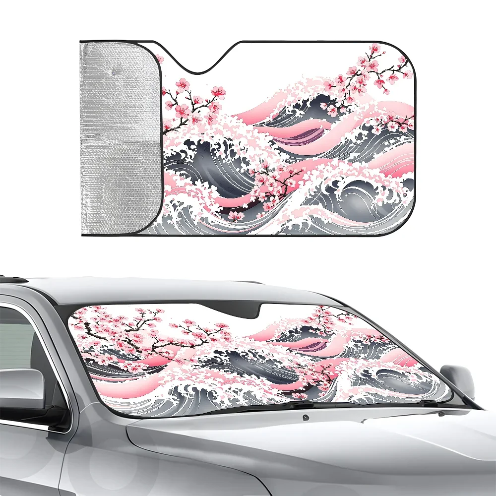 

Blue Wave With Cherry Blossoms Car SunSha Three-layer Insulation Car Front Windshield Sun Sha Suction Cup Blocks UV Rays Sun