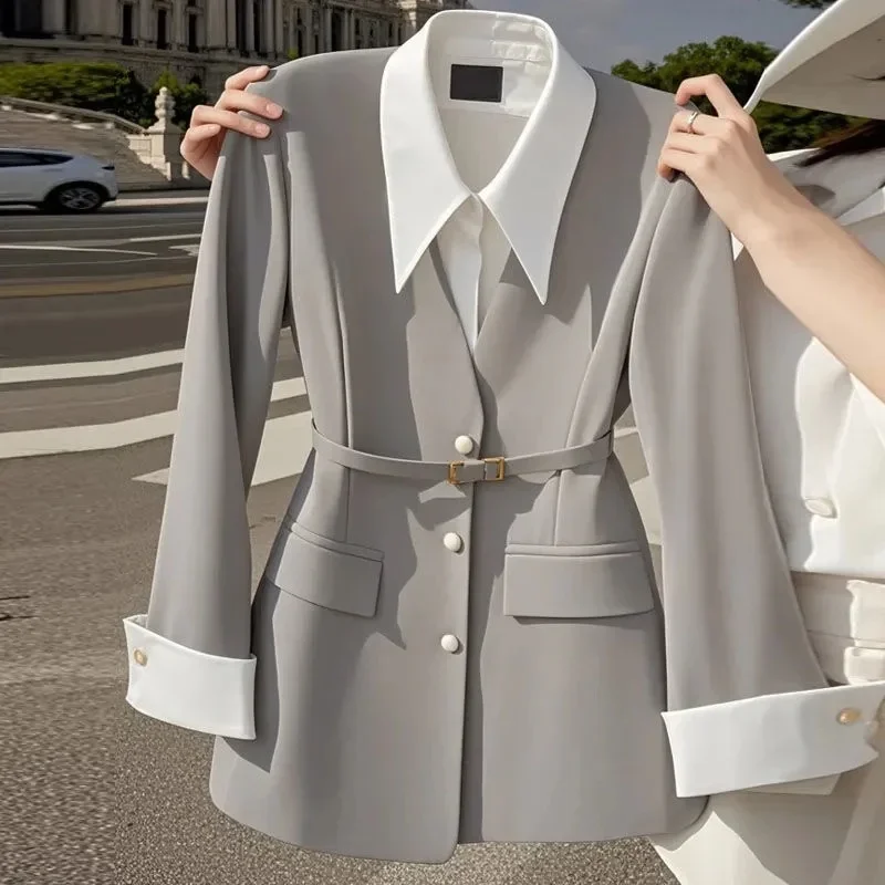 

Spring Autumn Fake Two Pieces Solid Color Women Tops Coat High-end Long Sleeves Ladies Outwear Fashion Patchwork Female Jacket