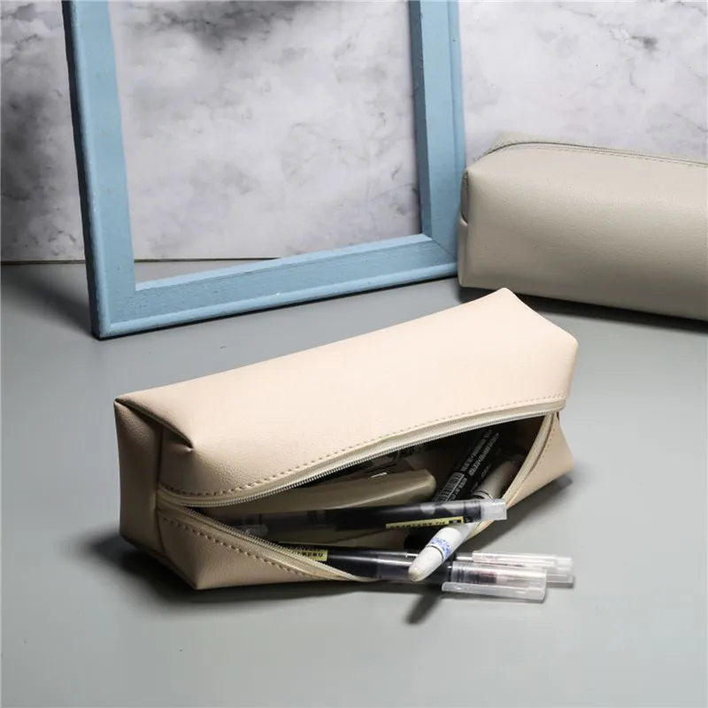 Business Office Pencil Case Box PU Simple Student Zipper Pen Holder Engrave Initials Make Up Brush Cosmetic Storage Bag Pen Bags