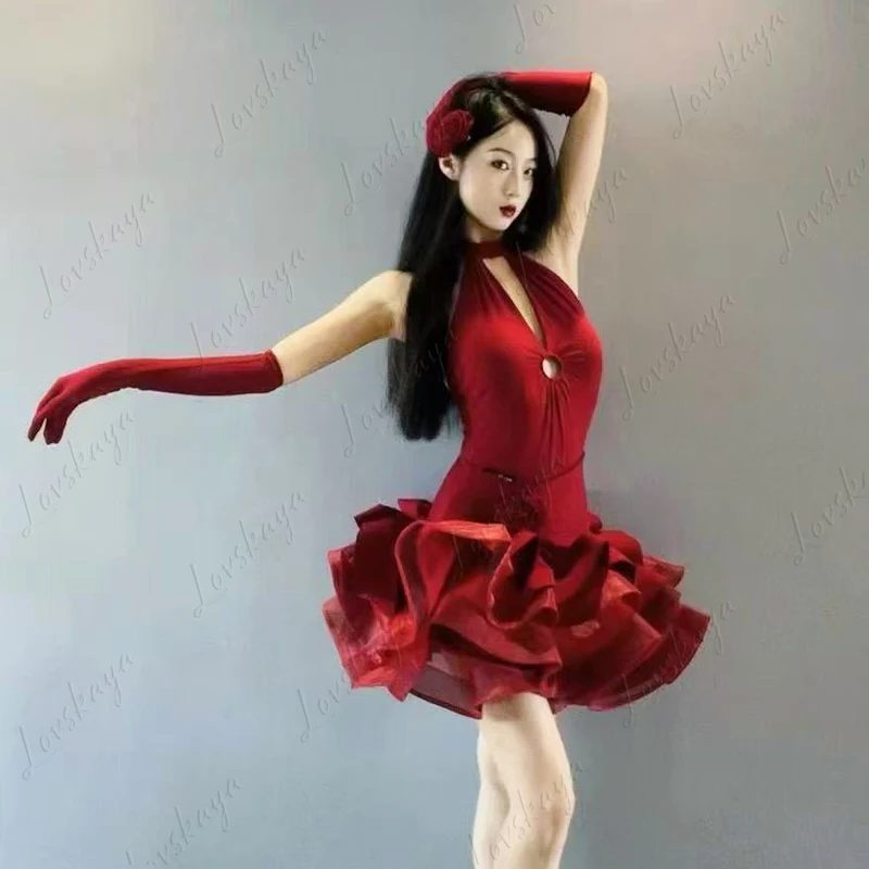

Latin Dance Red Rose Fishbone Grand Pose Revealing White Fairy Outfit Gloves Performance Attire Elegant Flower Dress