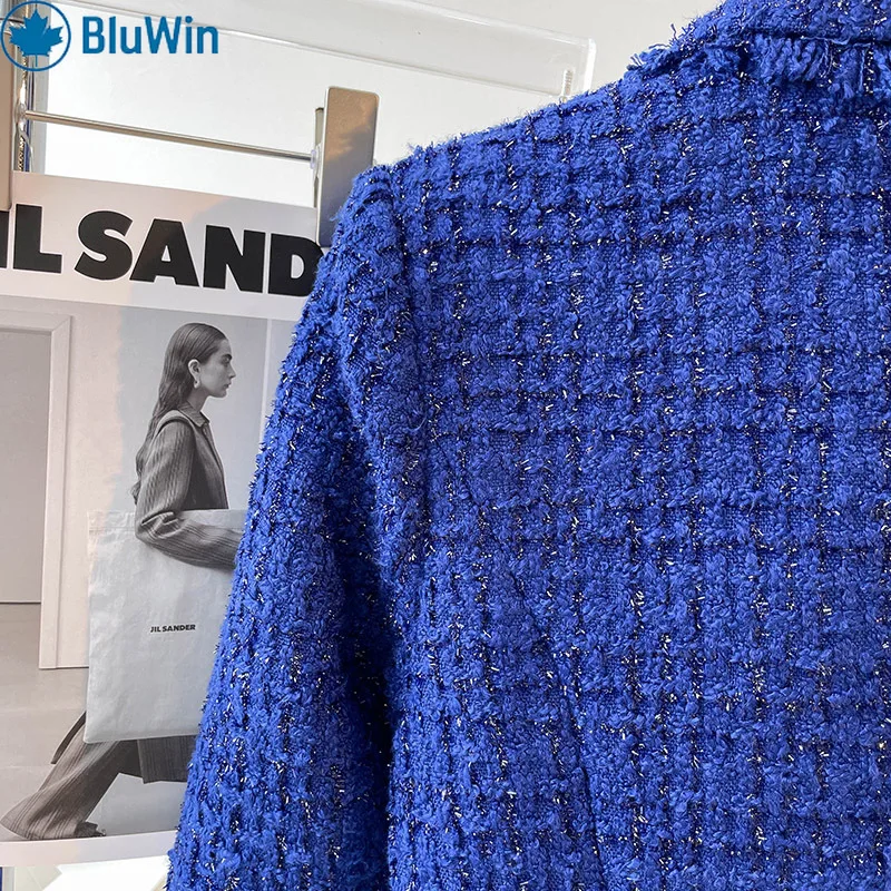 BluWin Women’s Royal Blue Tweed Blazer Double-Breasted Gold Buttons Slim Fit Notched Lapel Chic Office Suit Jacket
