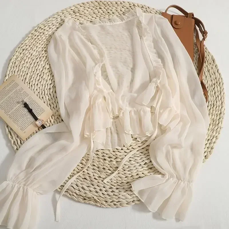 

Women Summer Ice Silk Solid Thin Sweet Ruched Flare Sleeve V-neck Cardigans Female 2025 Flounce Chiffon Sunscreen Shirt
