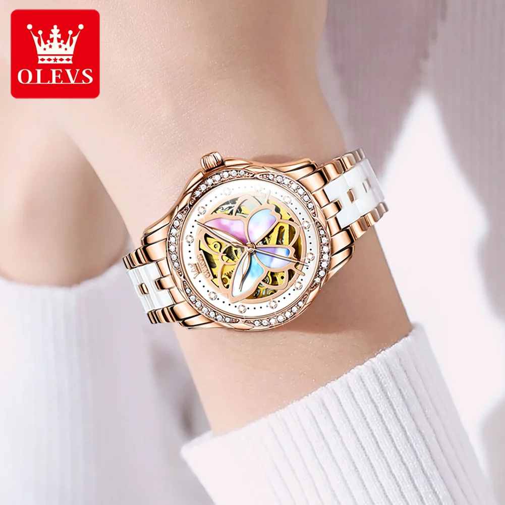 OLEVS 6615 Elegant Ladies' Watch Ceramic Strap Luxury Diamonds Waterproof Night light Automatic Mechanical Watch