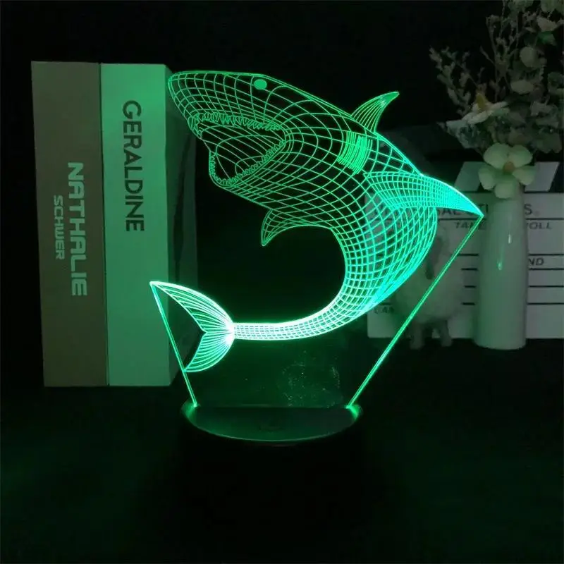 3D Night Light Shark Model Novelty Atmosphere Light 7 Colors with Plug-in Touch Switch Desktop Table Lamp for Bedroom Decorative