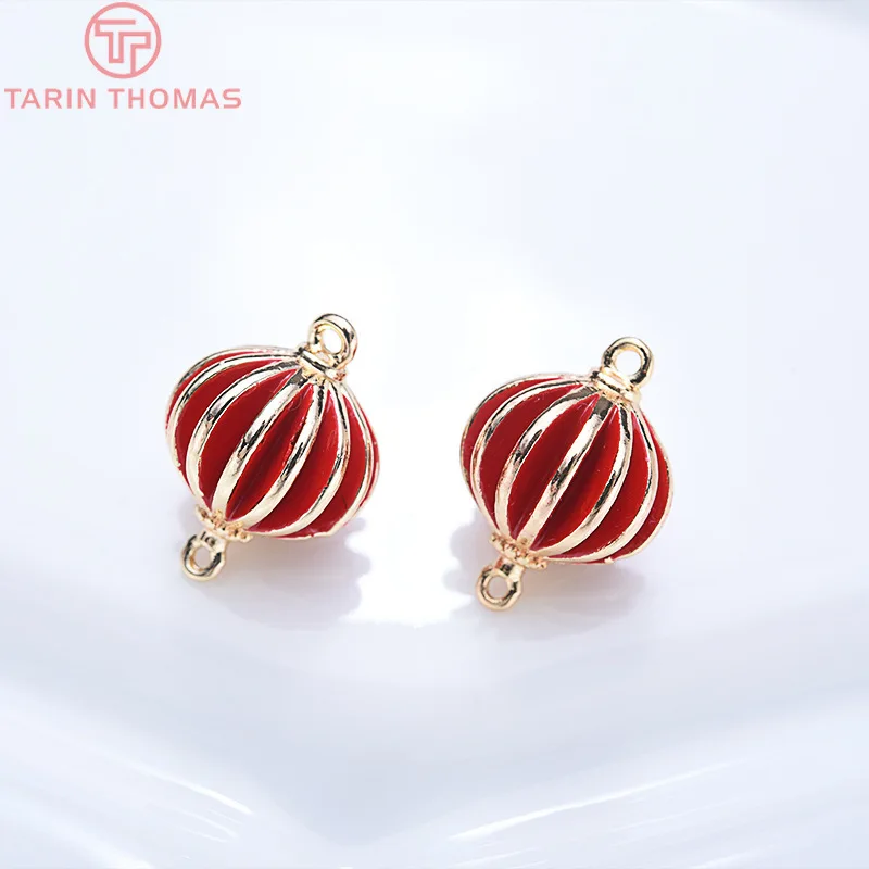 (1193) 4PCS 8MM 10MM 24K Gold Color Plated Brass China red Double hole lantern Charms Pendants High Quality  Jewelry Accessories