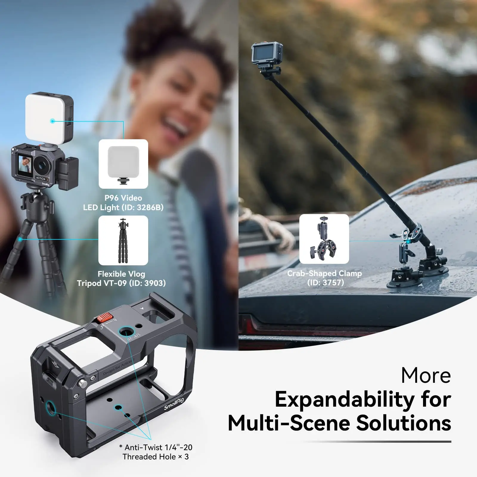 SmallRig Camera Cage, Estrutura protetora, compatível para DJI Mic, Osmo Action 4 a 4119, 4/3