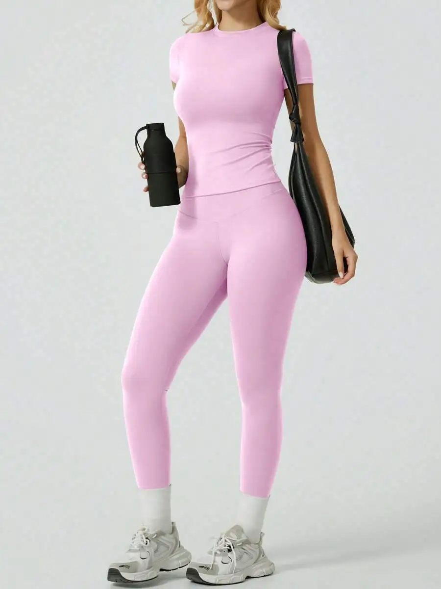 

Women Solid Color Minimalist Casual Sports Set Pink Summer
