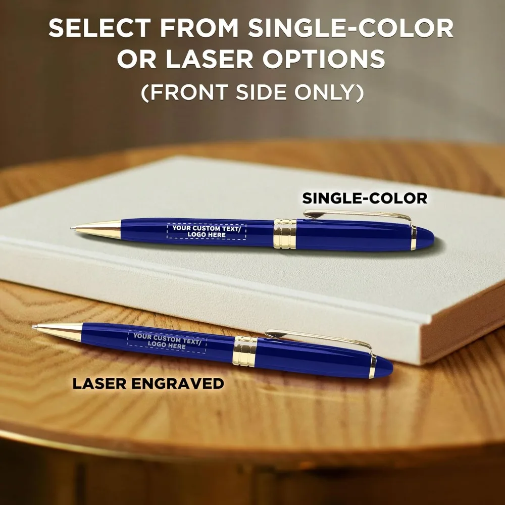 مجموعة أقلام الترا التنفيذية مكونة من 100 قطعة - قابلة للتخصيص مع النص أو الشعار، وحامل ملتوي، وحواف ذهبية، وحبر أزرق - كتابة عالية الجودة