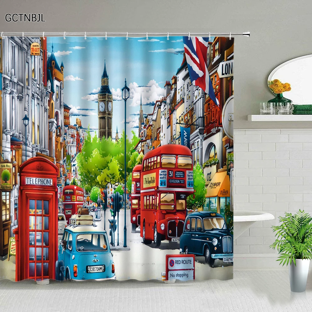 London Street Shower Curtain Retro Oil Painting European City Scenery Red Bus Bathroom Curtain Polyester Fabric Bathroom Product