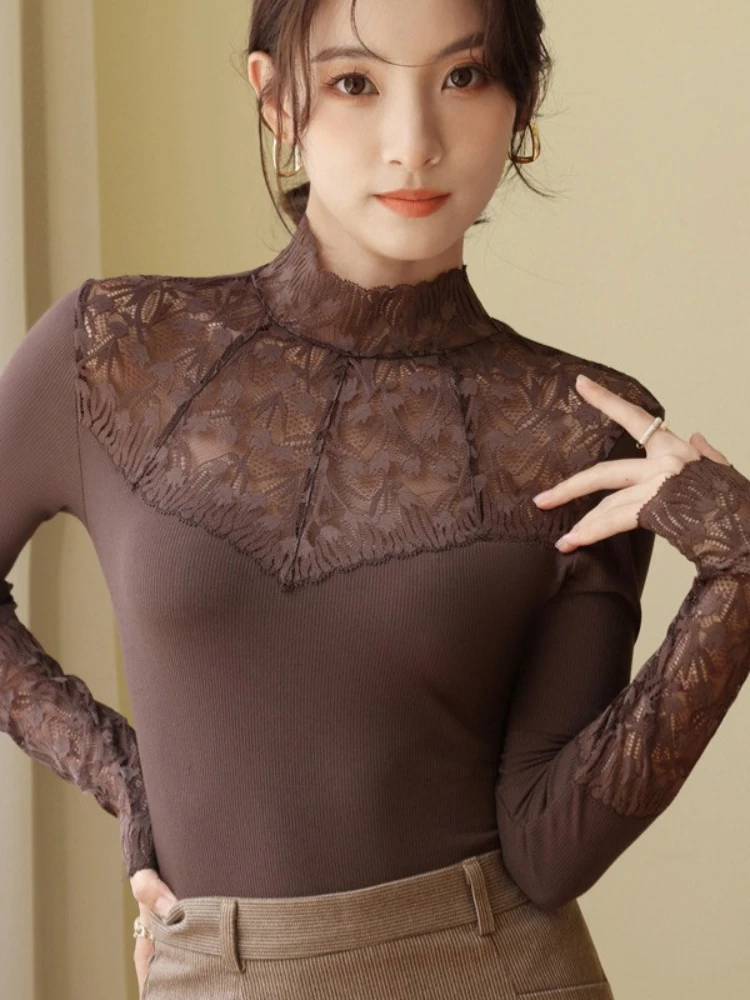 الجوف خارج محبوك البلوزات البلوفرات النساء ربيع الخريف الدانتيل البلوزات قمصان عادية كم طويل المرقعة الياقة المدورة سليم القمم