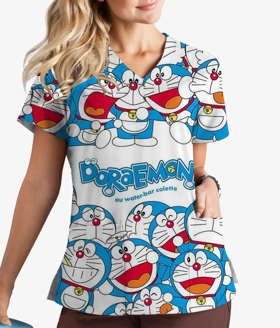 Healthcare Wear Nurse Uniform Pharmacist Dentist Veterinary Nurse Top Doraemon Print V-Neck Print Scrub Top