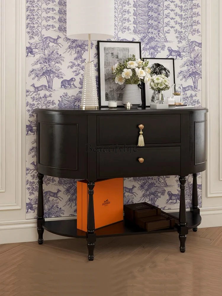 

French Retro Entrance Cabinet Black Solid Wood Living Room American Console Tables Light Luxury Storage Cabinet