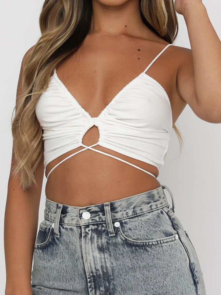 Straps Camis Women Ruched Deep V-Neck Crop Tops Chic Solid Color Backless Cross Tie-Up Bustiers Summer 2023