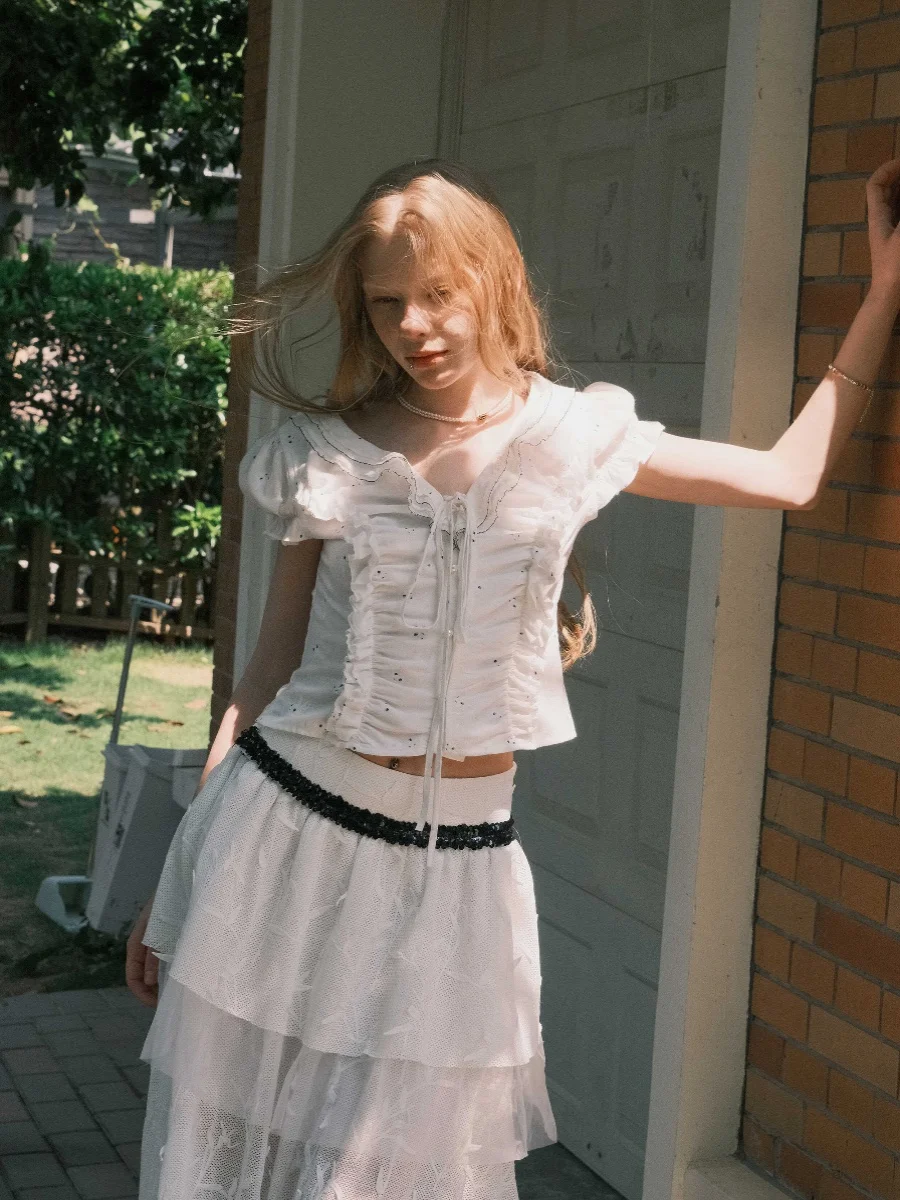 

Кролик Вышивка Bubble Sve Gathered Hem Vintage White irt Оригинальный дизайн Slim Fit Cotton ort Sve V Ne