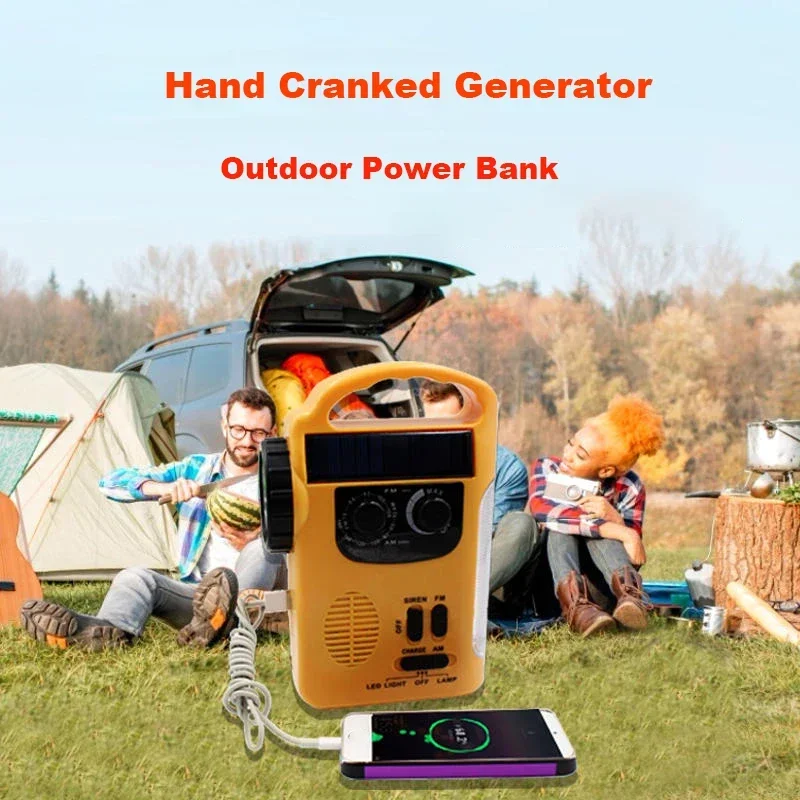 Portable Hand Cranked Generator Solar Charged Generator LED Light AM/FM Radio Outdoor Camping Emergency Mobile Phone Power Bank