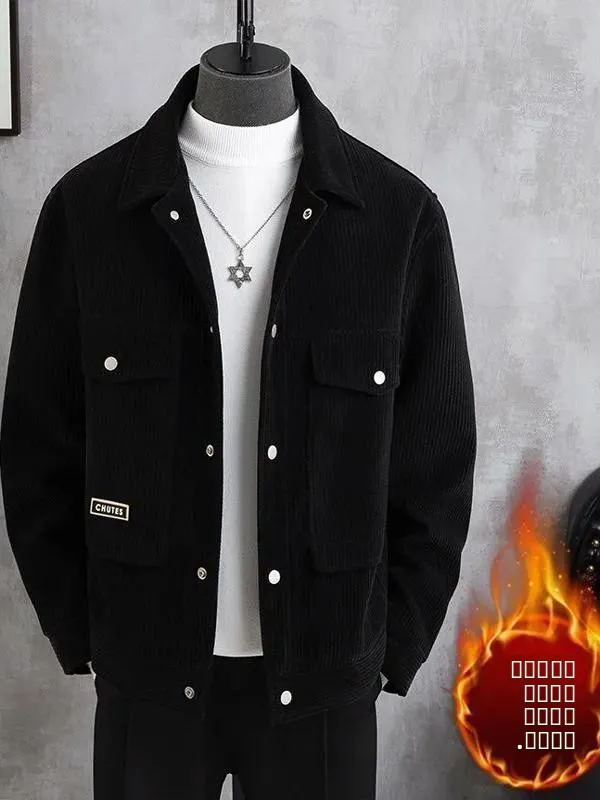 

Men's Autumn Winter Thiened Fce Lined Corduroy Jaet Windproof Youth Sle Long Sve Coat Regular Fit Outerwear
