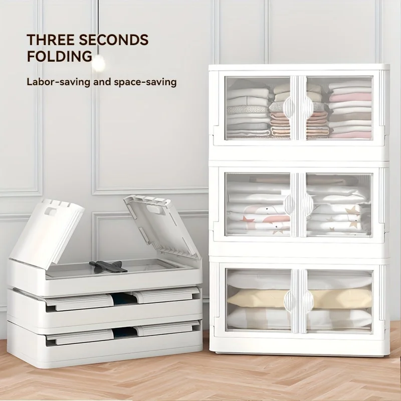 

Folding Storage Box, 1/2/3-Tier Cabinet with Wheels - Transparent Double Doors, Multi-Layer Design for Clothes & More
