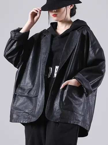 Amax luluE England Style Hooded Loose Black Leather Jacket 2021 Autumn New Women Casual Biker Coat Female Harajuku Pu Streetwear - Image 6