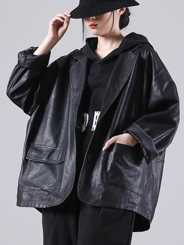 Amax luluE England Style Hooded Loose Black Leather Jacket 2021 Autumn New Women Casual Biker Coat Female Harajuku Pu Streetwear - Image 6