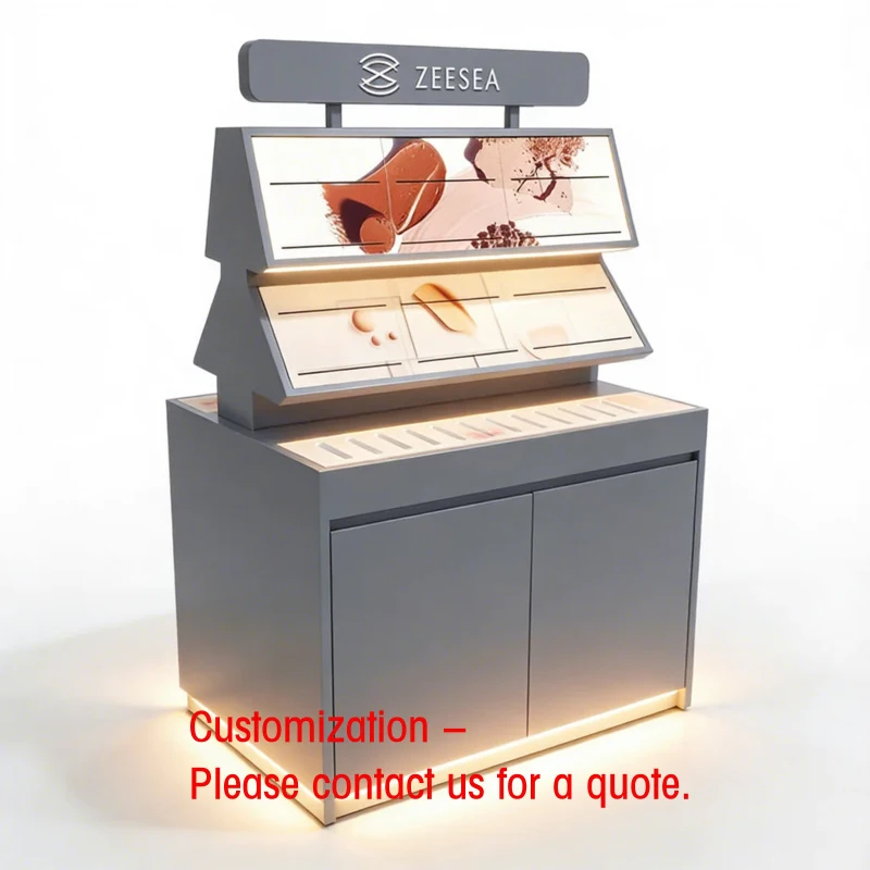 custom.Custom High-End XINYI Gray Stainless Steel Modern Makeup Display Table & Cosmetic Stand LED Lighting Custom