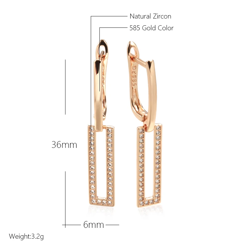 Wbmqda Sparkling Square Zircon Hollow Dangle Earrings For Women 585 Rose Gold Color Simple Fashion Daily Matching Fine Jewelry