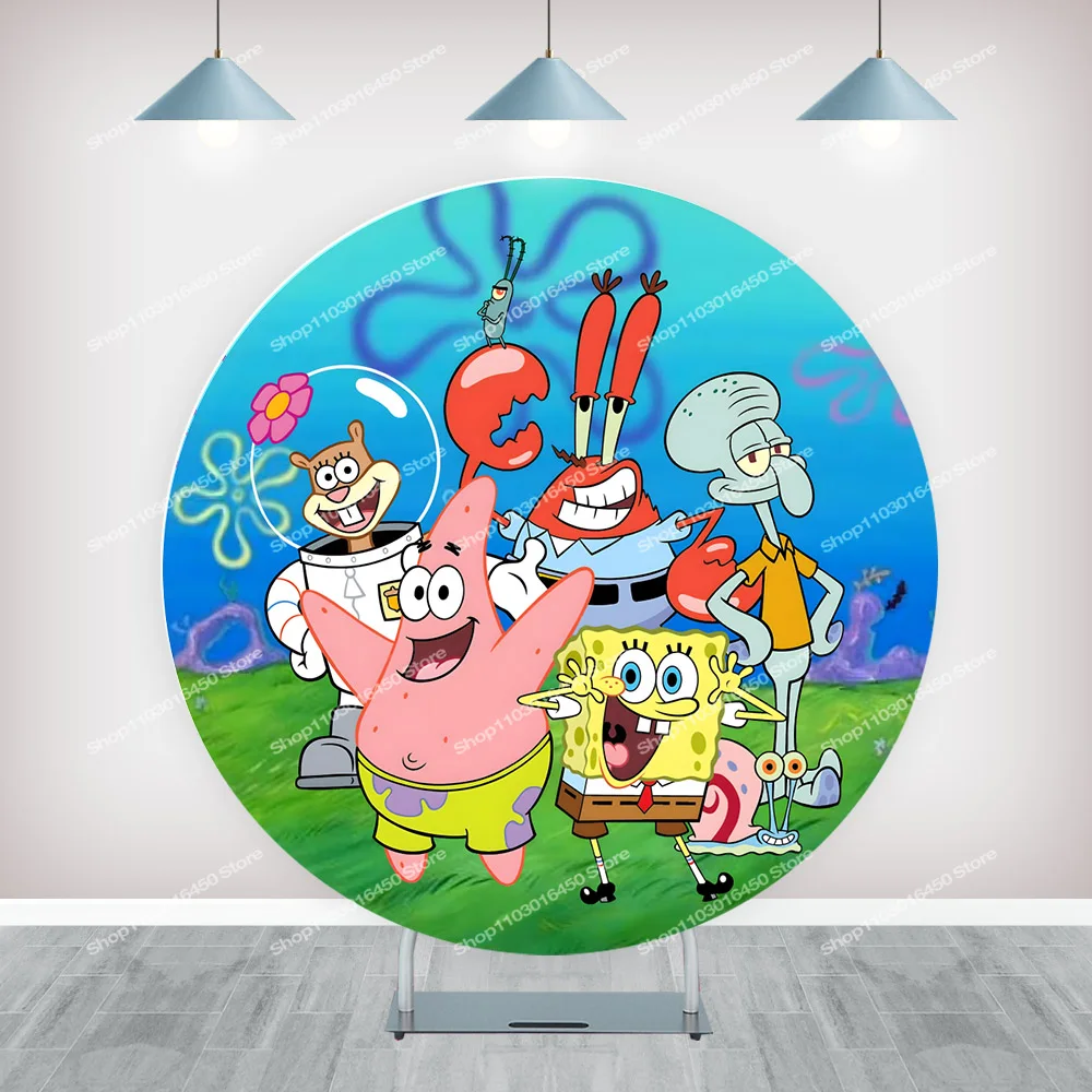 خلفية SpongeBob الدائرية للأطفال ، مخصصة ، التصوير الفوتوغرافي لحفلة عيد الميلاد الأول ، خلفية دائرية ، غطاء لافتة ، ديكور الشكل الدائري