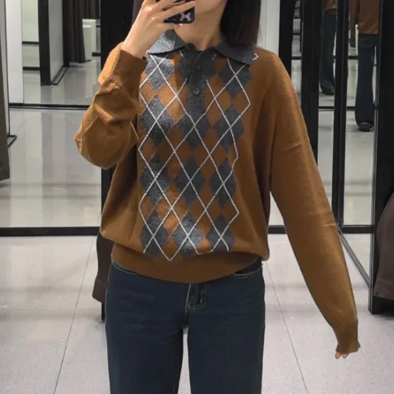 

Вязаный свитер, женская модная рубашка с ромбовидным узором и лацканами, свитер с длинными рукавами, топы, новинка 2025, осень-зима, повседневный пуловер в стиле ретро