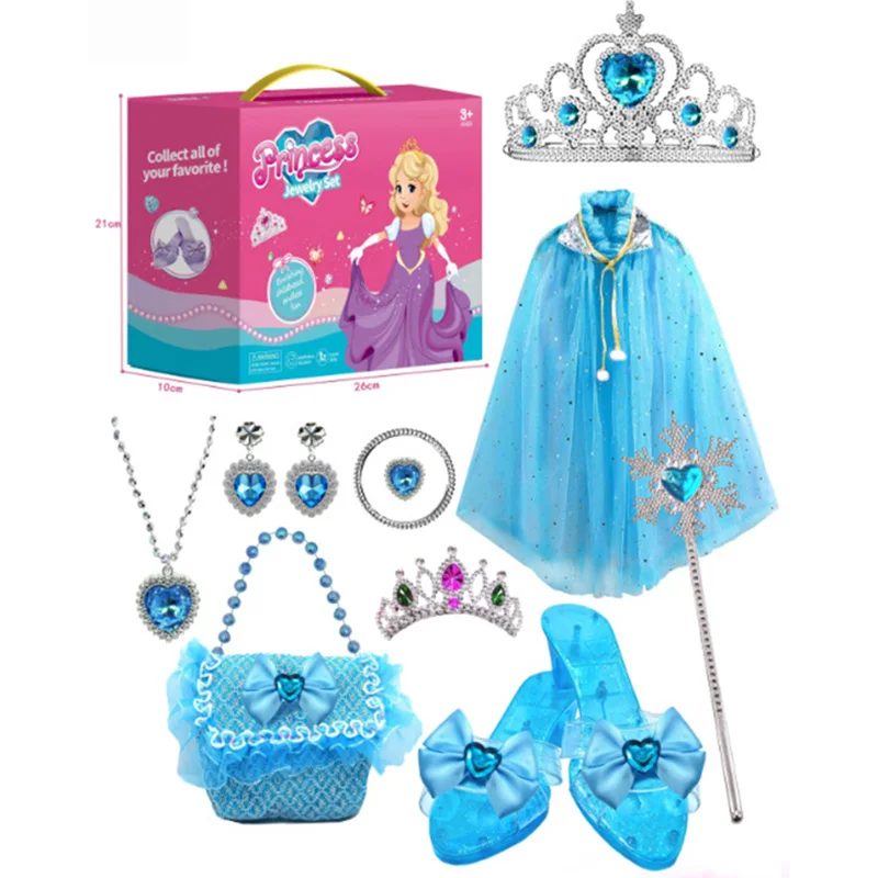 Set di giochi di imitazione di gioielli da principessa per ragazze, kit di accessori, corona, anello, collana, mantello, tacchi alti, Halloween, regalo di compleanno