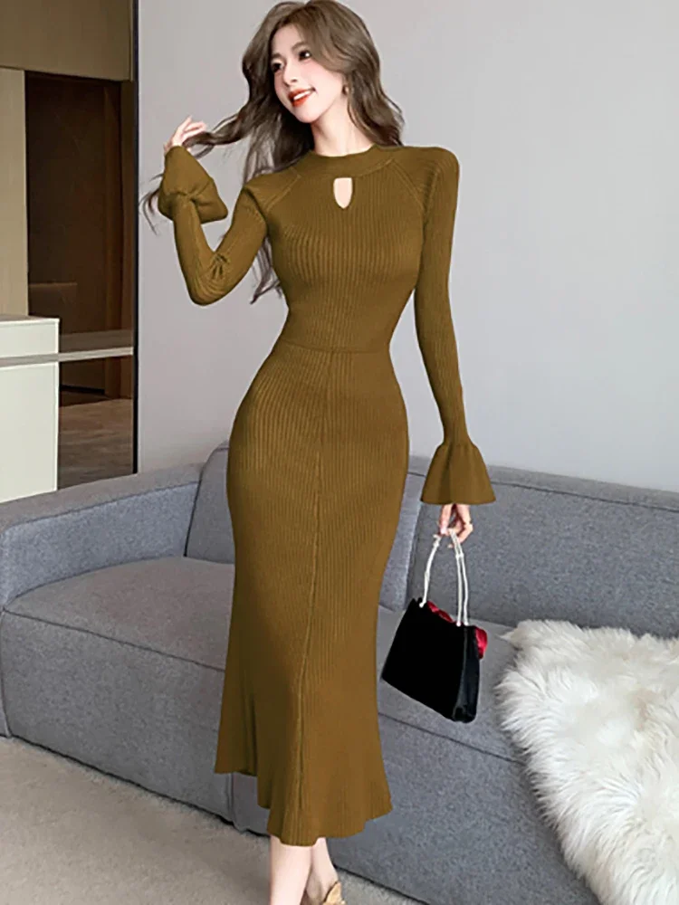 Women Fashion Chic Hollow Out Long Dress 2025 Korean Vintage Hepburn Prom Robe Autumn Winter Black Knitted Ruffled Mermaid Dress