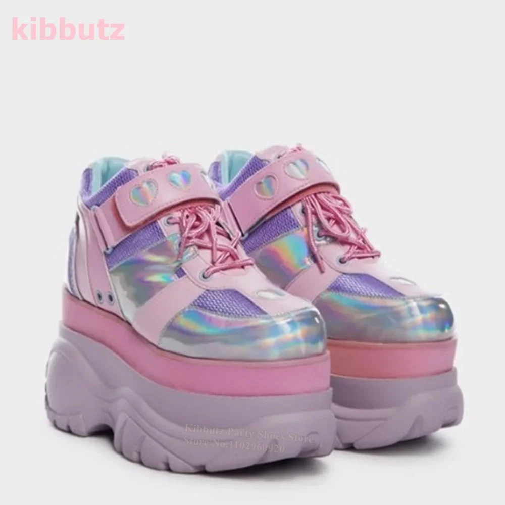 Laser Sneakers Mixed Color Platform Height Increasing Pink and Purple Dazzling Color Bling Outside Runway Shoes Comfortable New