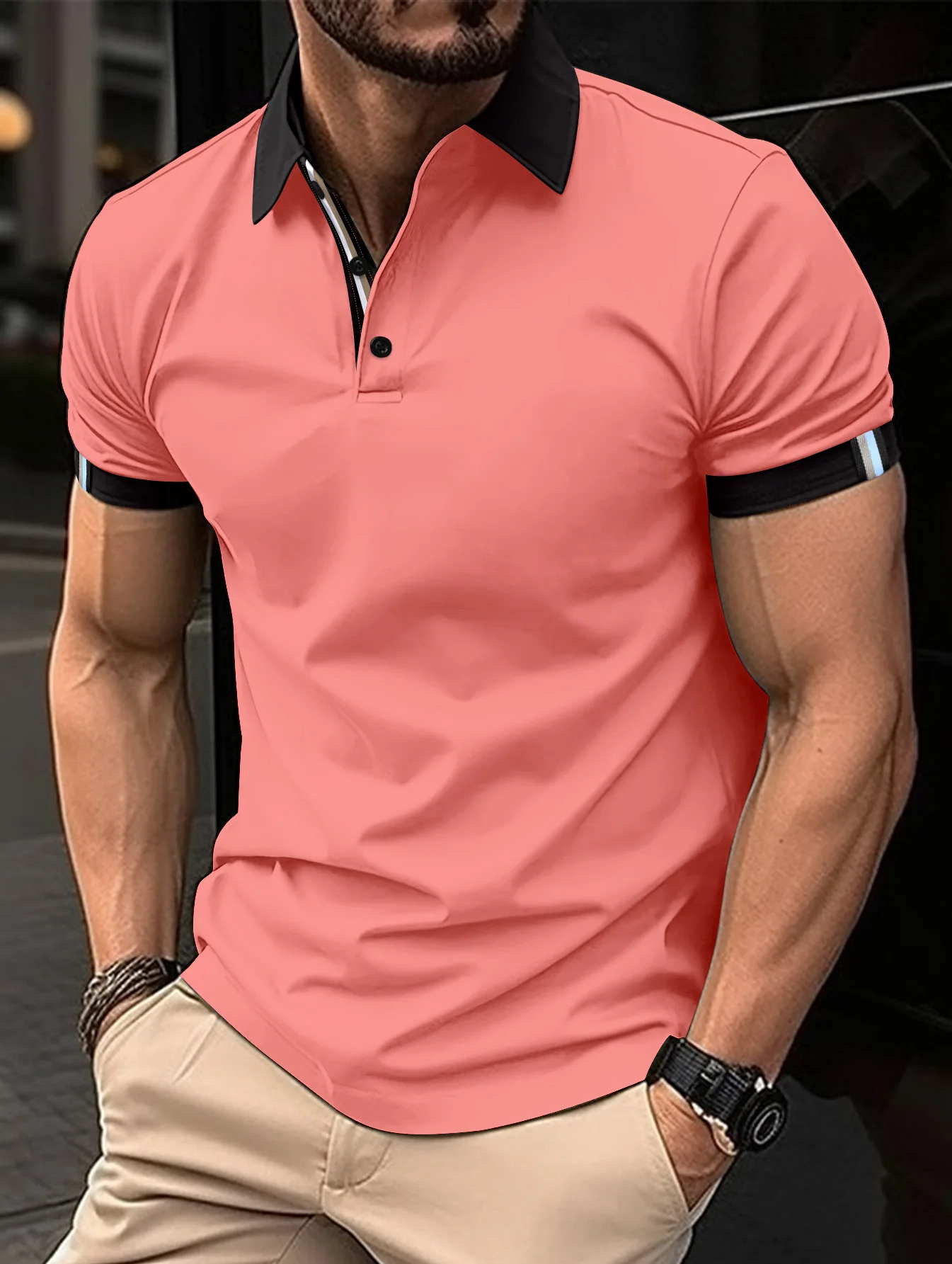 2024 spring/summer new men's fashion button-down collar casual short-sleeved Polo shirt solid color classic horizontal fit