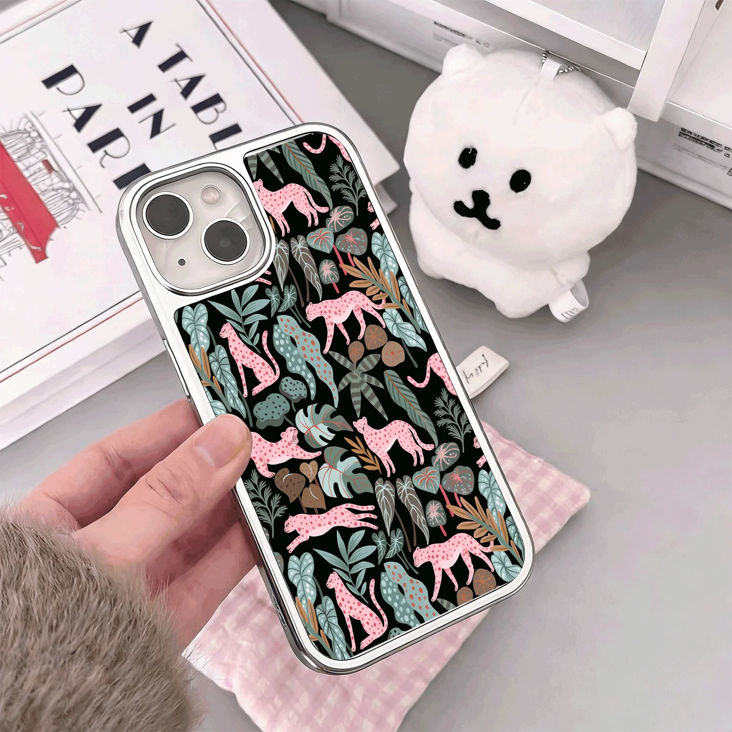 

Premium Korean Silver Matte Case for iPhone 17 Air 16 15 Pro Max 14 Plus 13 12 11 Male Female Camera Protection Lovely Leopard