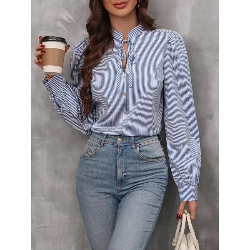 

Женская новая сексуальная модная блузка с v-образным вырезом на шнуровке, рубашка в полоску с полыми пуговицами, повседневная рубашка с длинными рукавами