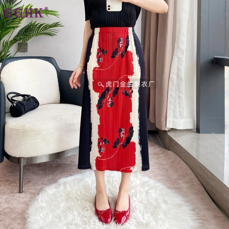 

GGHK Colorblocking Pleated Skirt Red Retro Loose Straight Large Size Thin Skirt 2024 Spring Summer New Female Clothing