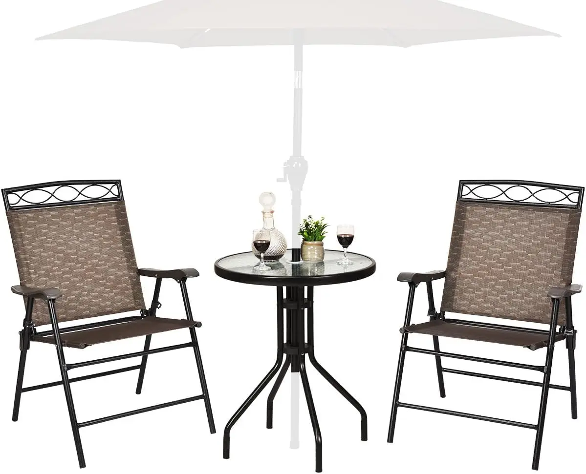 3 Pieces Patio Dining Set with Round Glass Table, Folding Chairs,Outdoor Chairs Table Set with Umbrella Hole for Garden Poolside